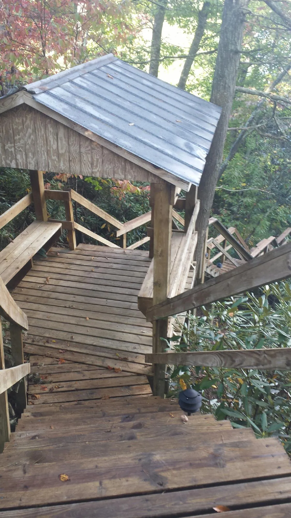Metal roofed shelter over wooden steps on a wooded walkway — Skylight Repair & Installation work by our crew in West Linn